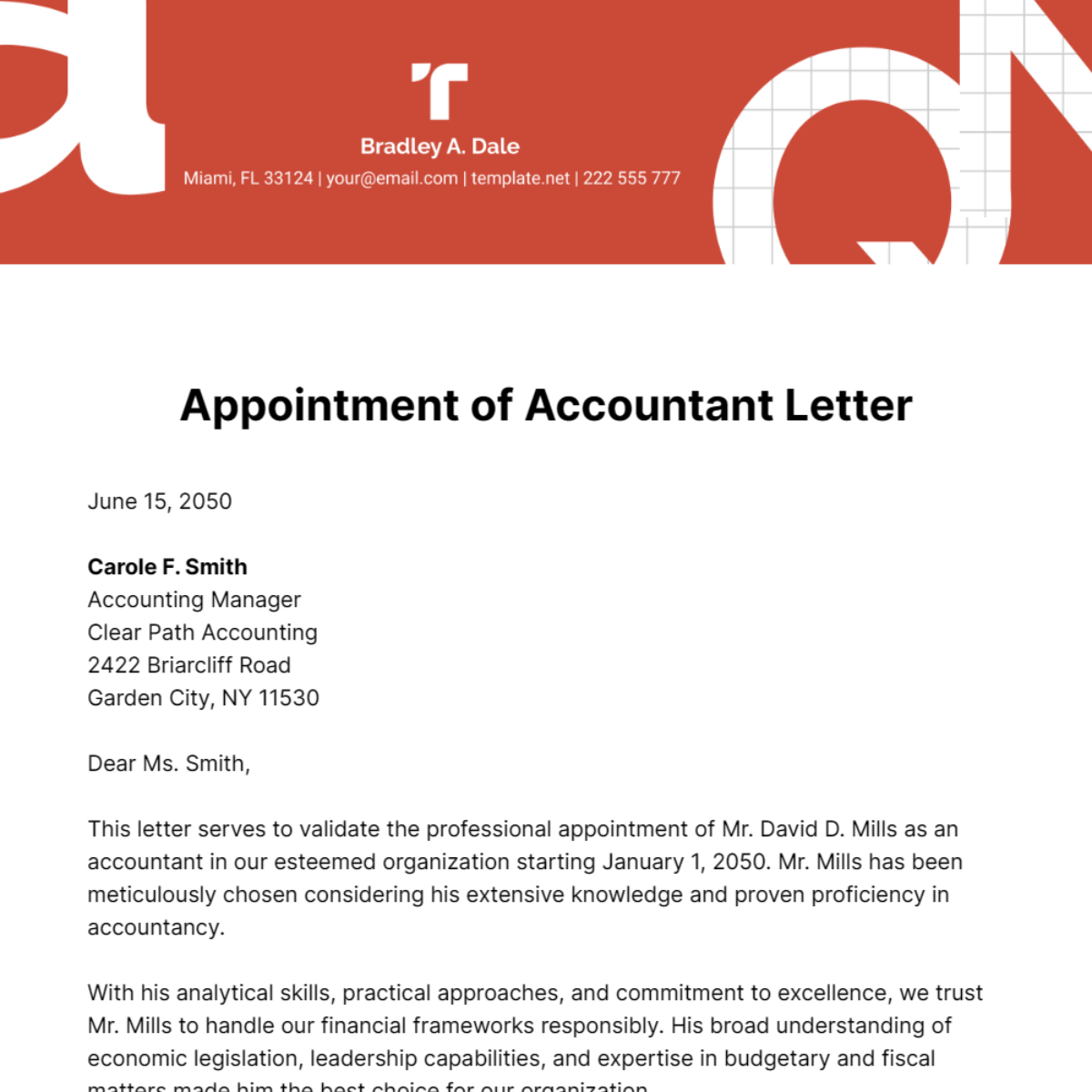 Free Appointment of Accountant Letter Template