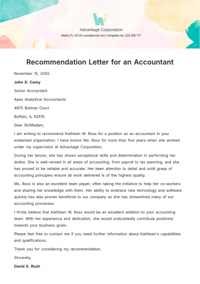 Free Recommendation Letter for an Accountant Template to Edit Online