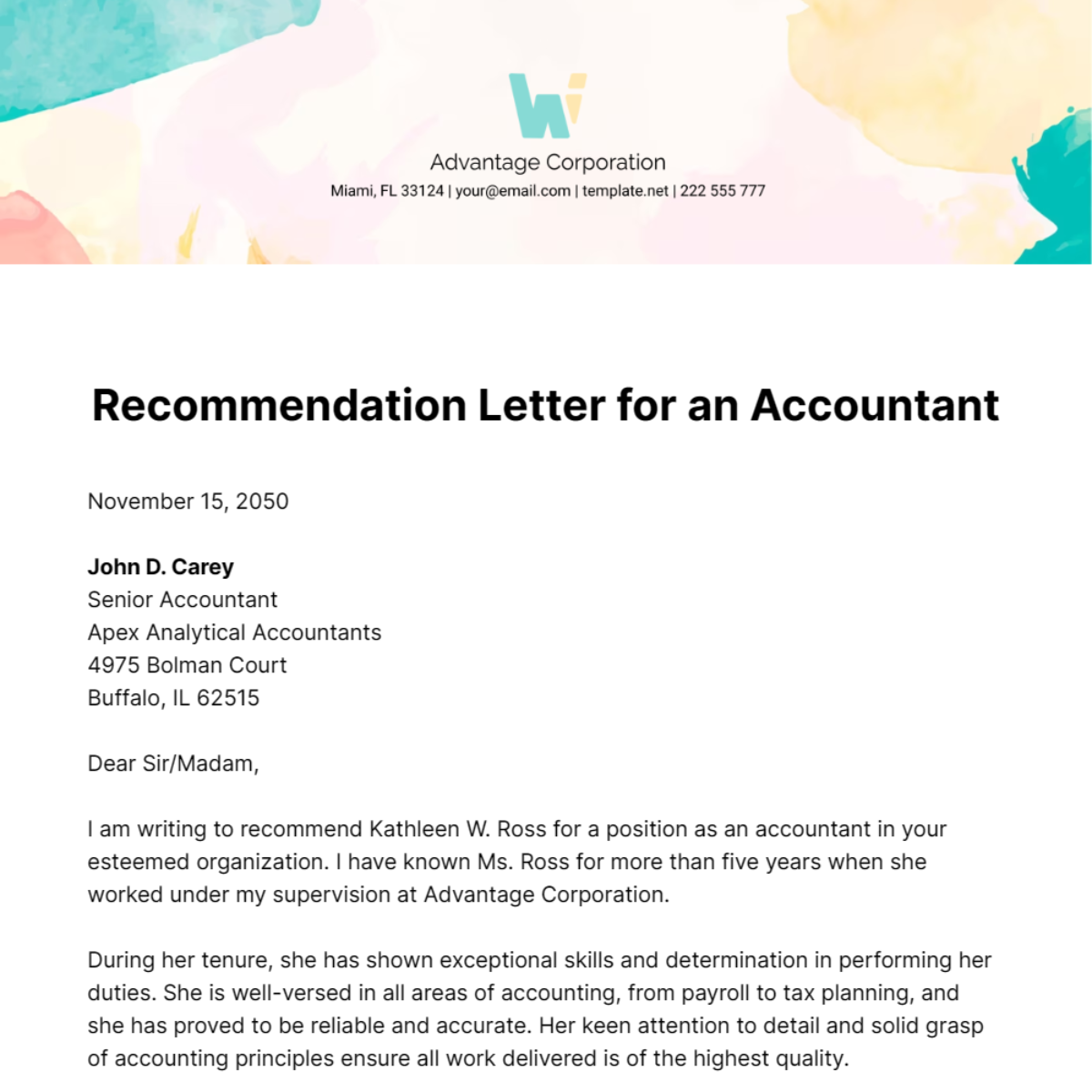 Free Recommendation Letter for an Accountant Template