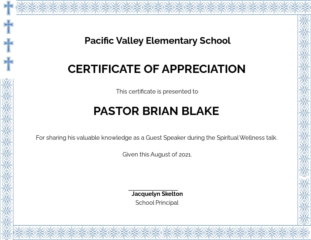 certificate of appreciation wording for church