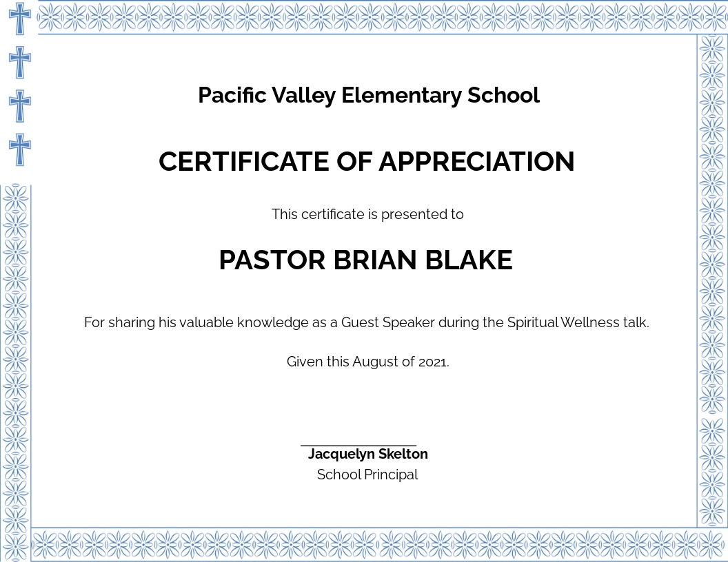 Pastor Appreciation Certificate Template - Google Docs, Illustrator, Word, Outlook, Apple Pages, PSD, Publisher