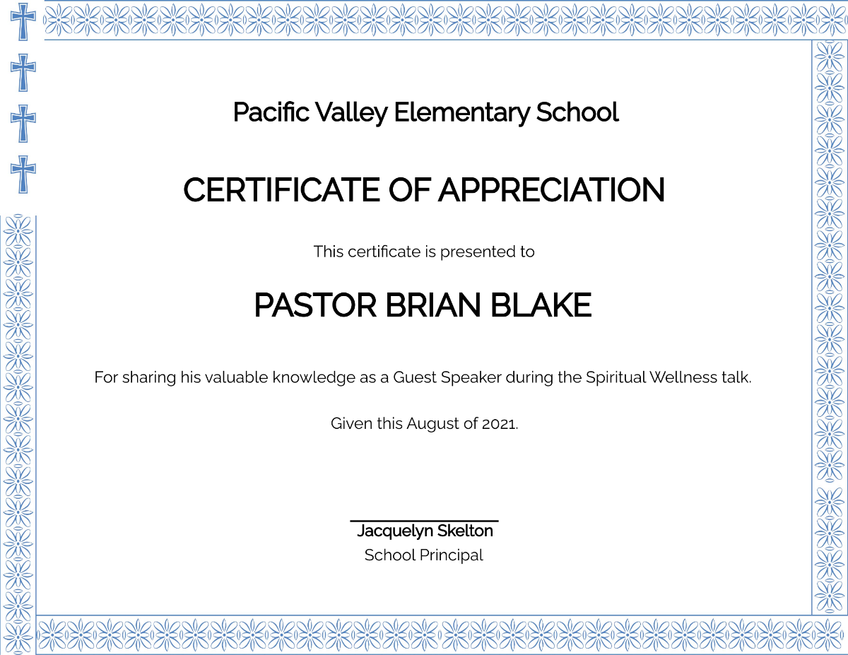 Pastor Appreciation Certificate Template