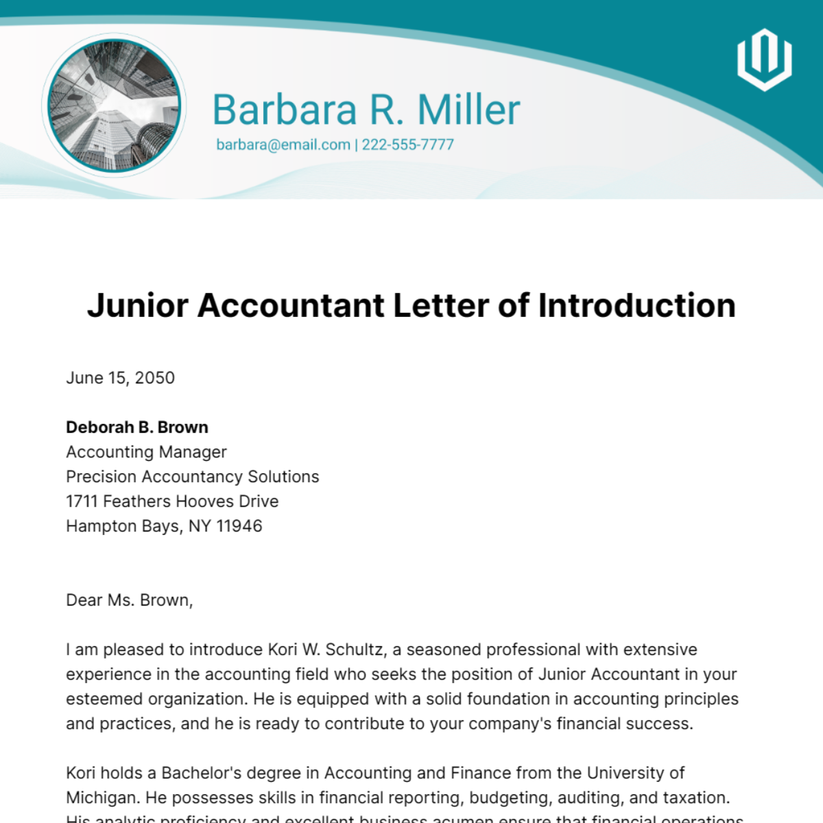 Free Junior Accountant Letter of Introduction Template