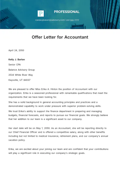 Free Offer Letter for Accountant Template to Edit Online