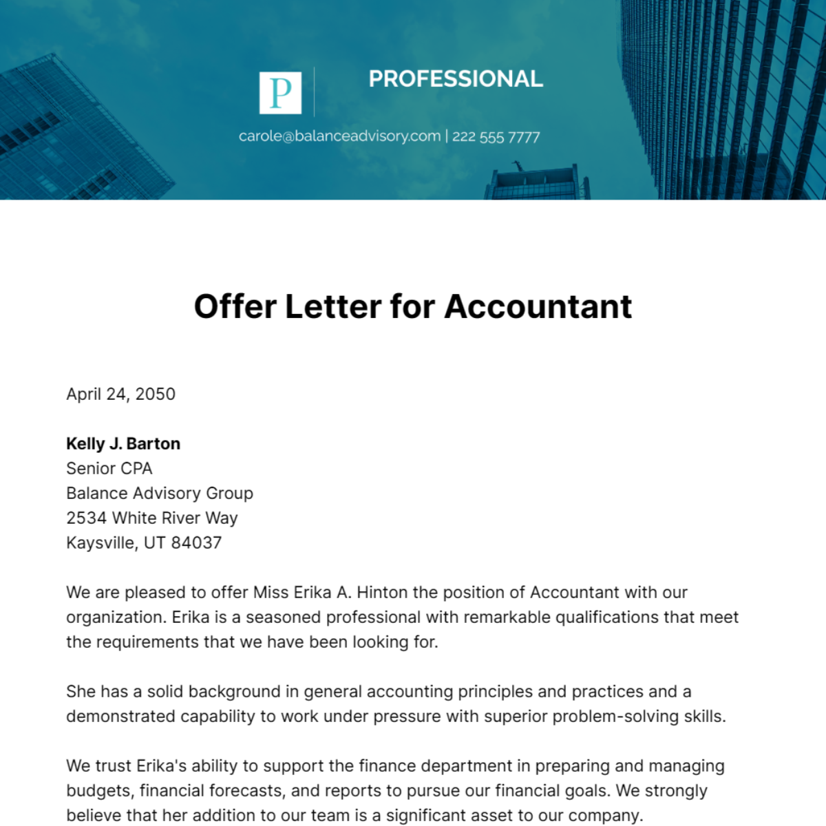 Free Offer Letter for Accountant Template