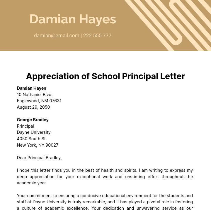 Free Appreciation of School Principal Letter Template