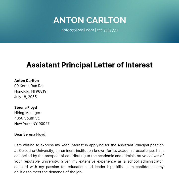 Assistant Principal Letter of Interest Template