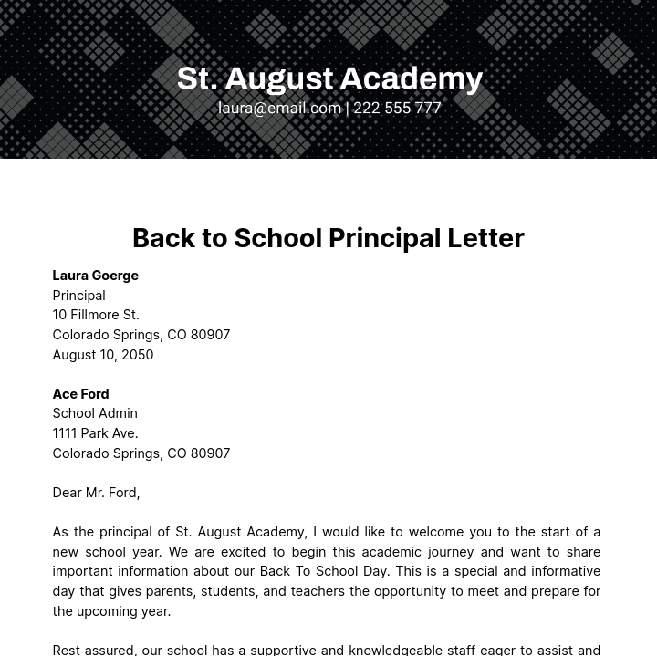 Back to School Principal Letter Template