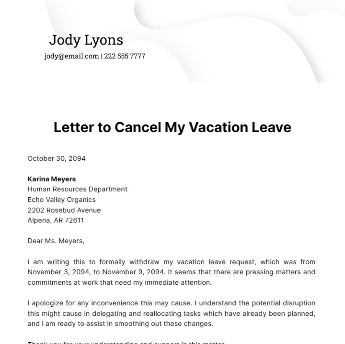 Letter to Cancel My Vacation Leave Template