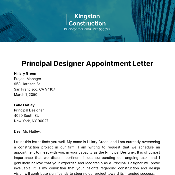 Free Principal Designer Appointment Letter Template