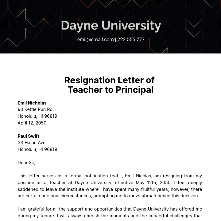 Free Resignation Letter of Teacher to Principal Template