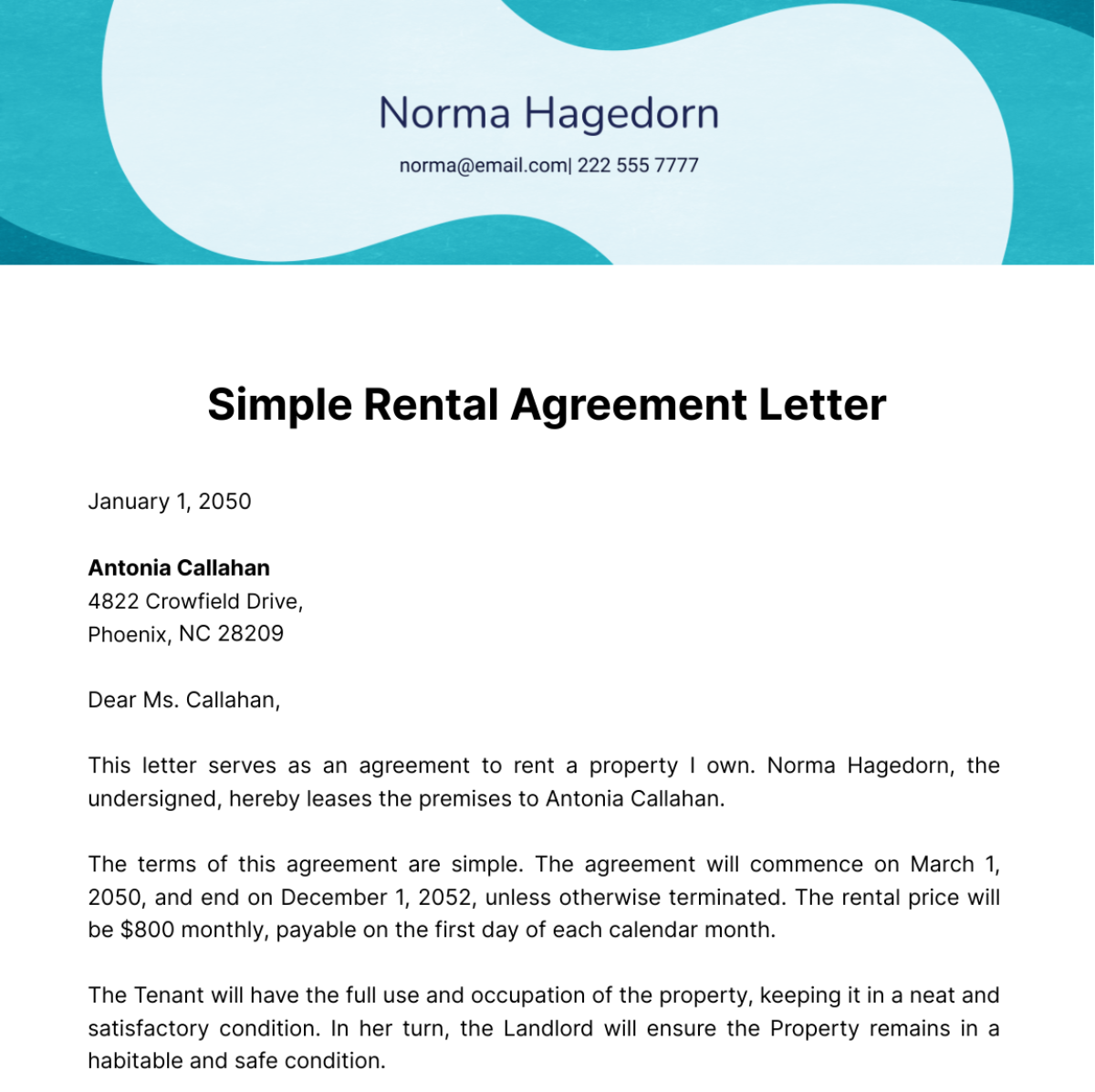 Free Simple Rental Agreement Letter  Template