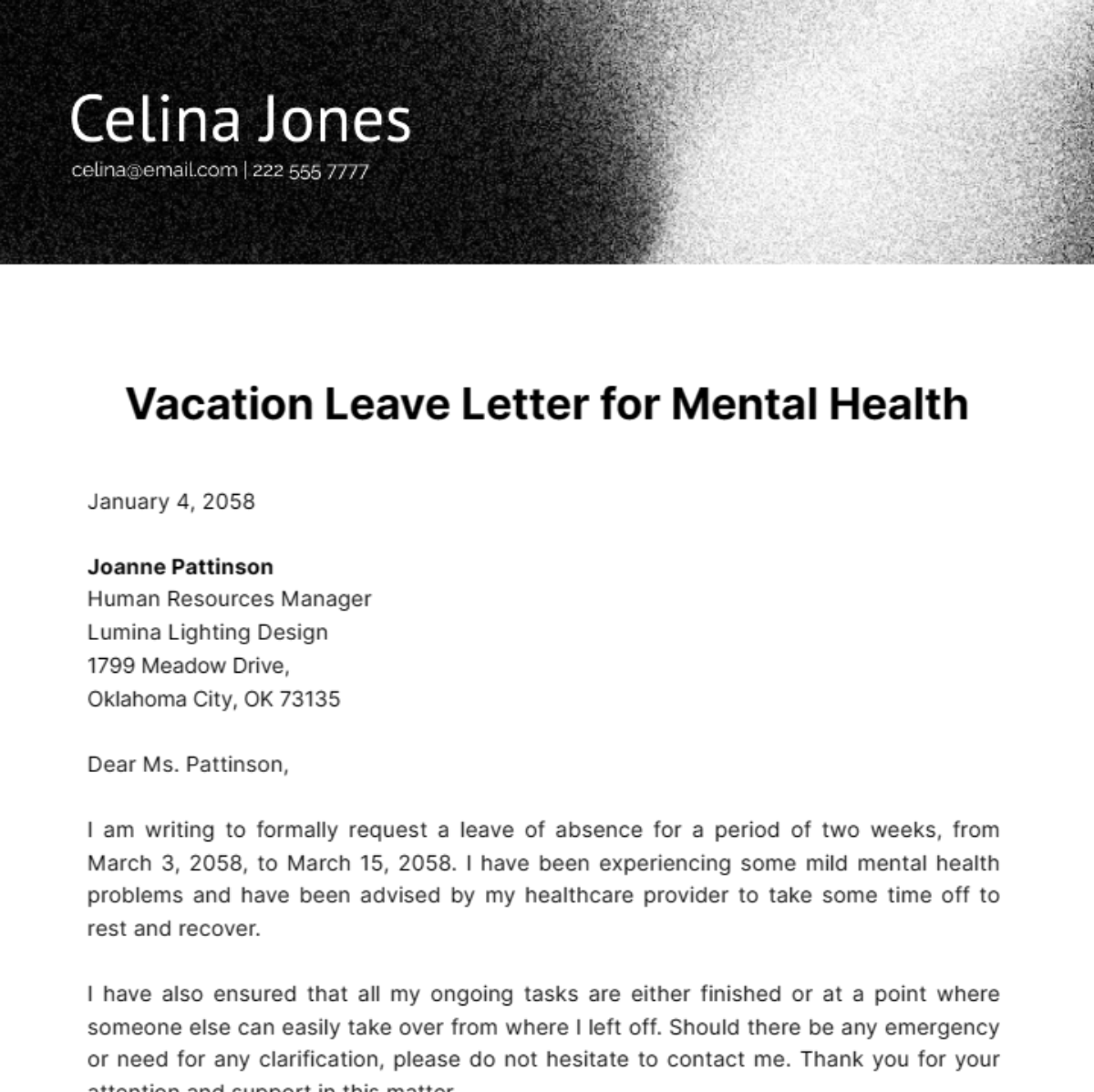 Vacation Leave Letter for Mental Health Template