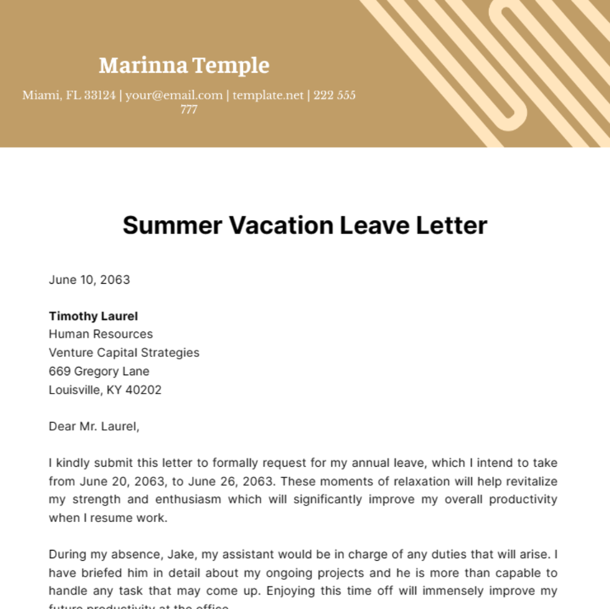 Summer Vacation Leave Letter Template