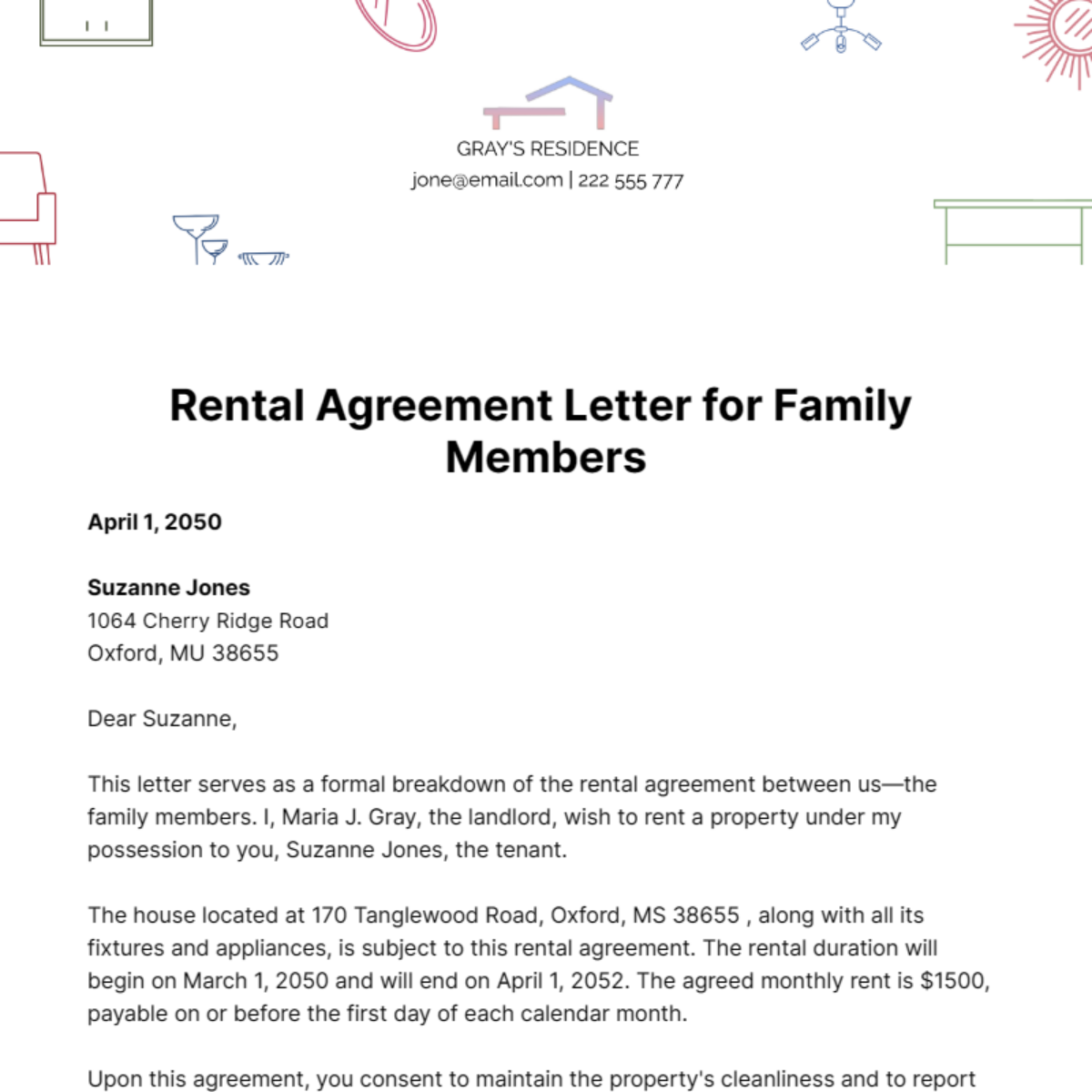 Rental Agreement Letter for Family Members  Template