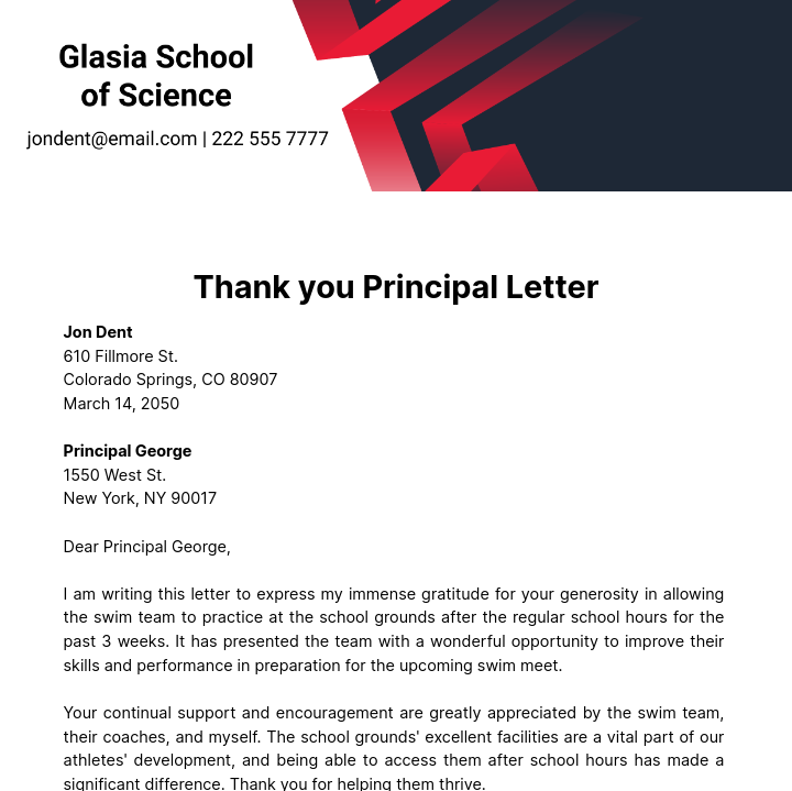 Thank you Principal Letter Template