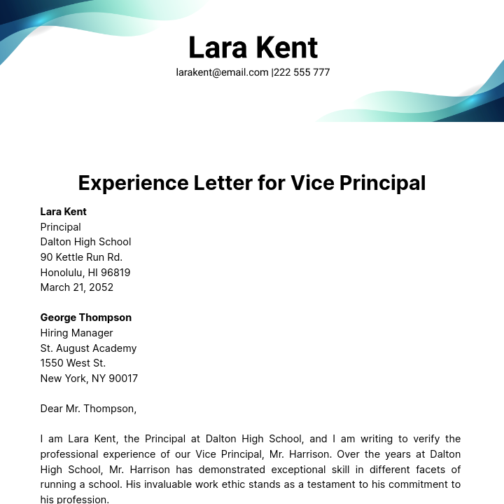 Free Experience Letter for Vice Principal Template