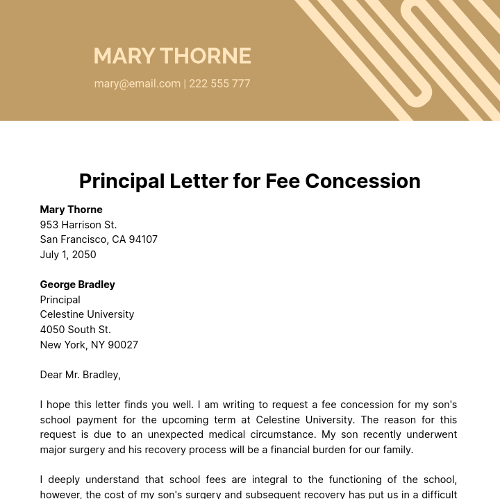 Free Principal Letter for Fee Concession Template