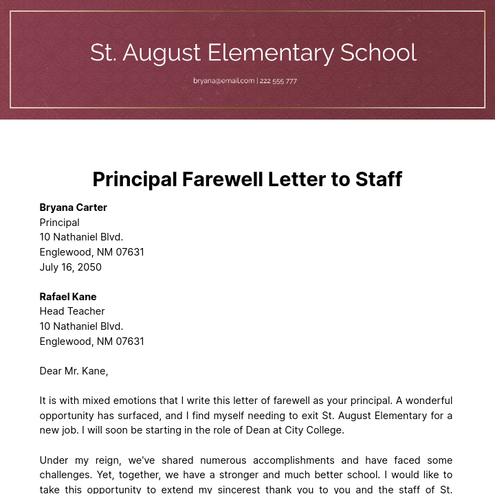 Principal Farewell Letter to Staff Template