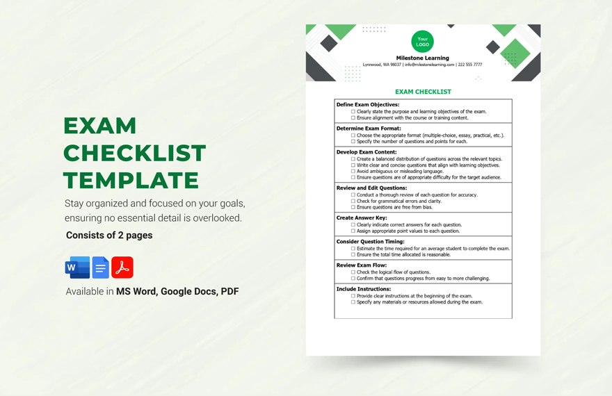 Free Exam Checklist Template in Word, Google Docs, PDF, Apple Pages