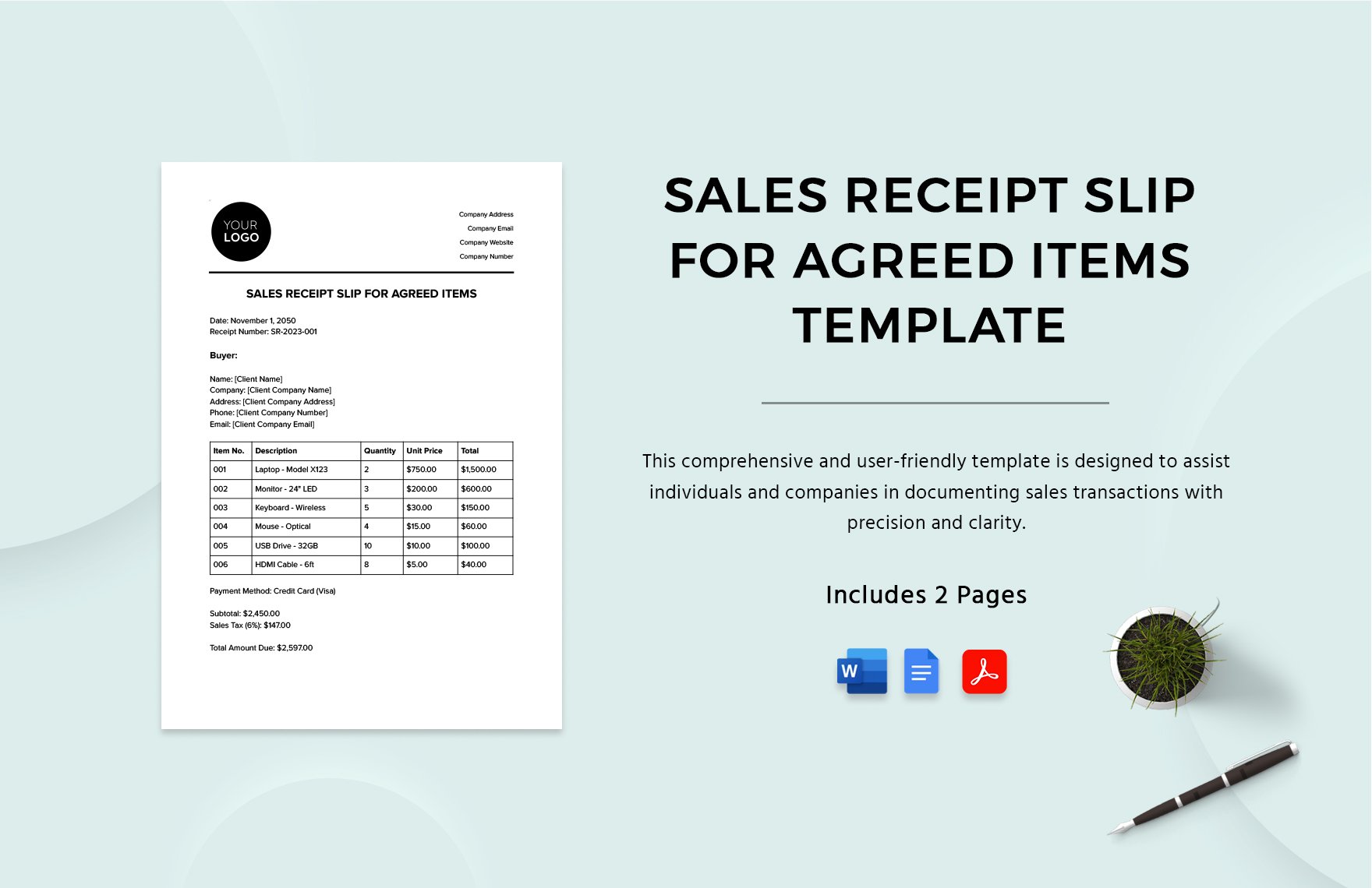 Sales Receipt Slip for Agreed Items Template in Word, Google Docs, PDF