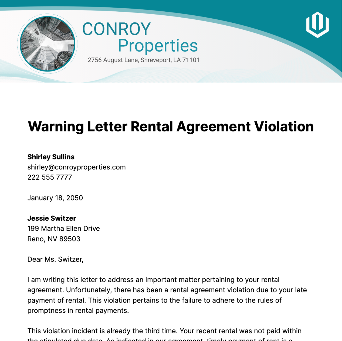 Free Warning Letter Rental Agreement Violation Template