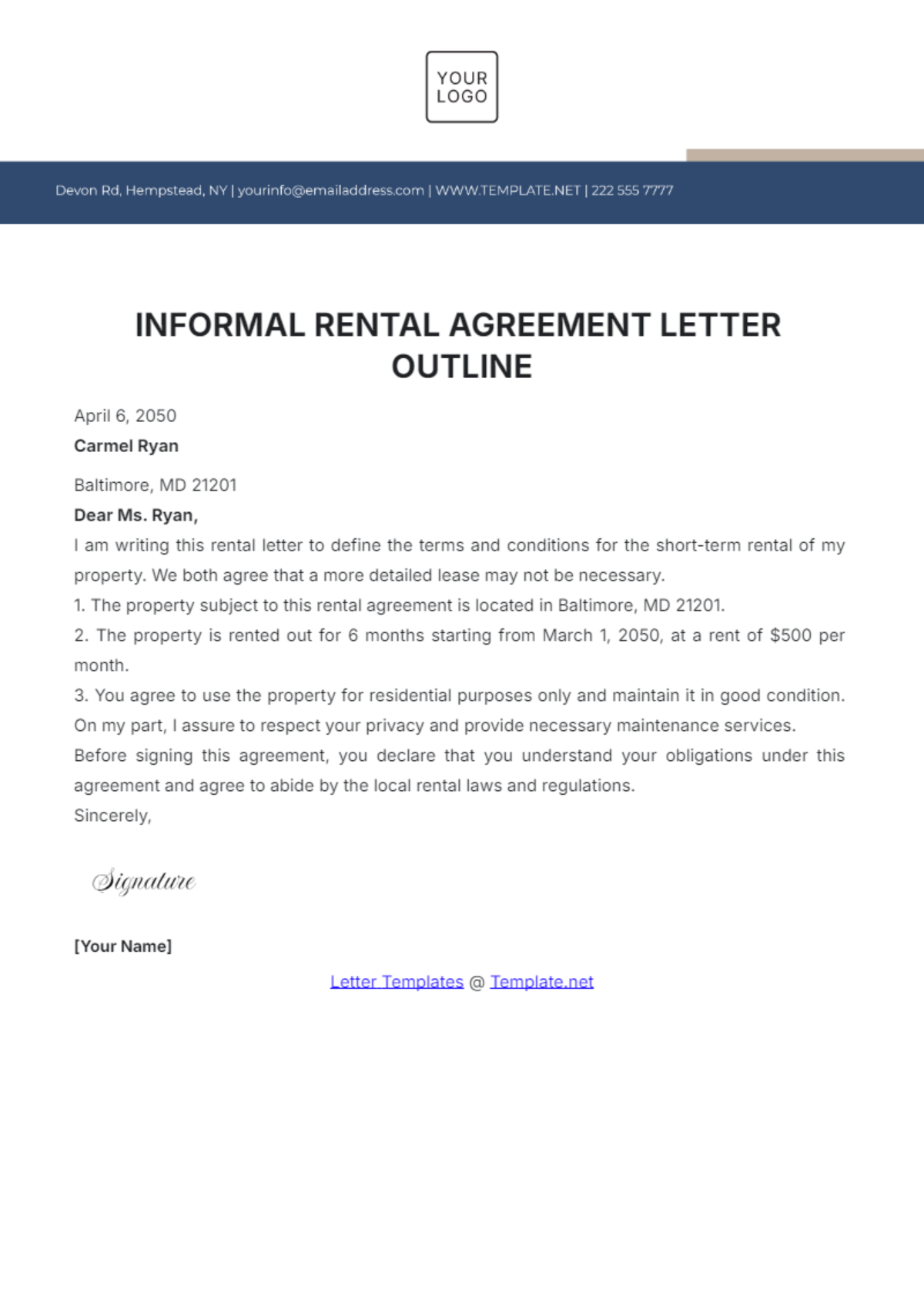 Informal Rental Agreement Letter Outline Template - Edit Online & Download