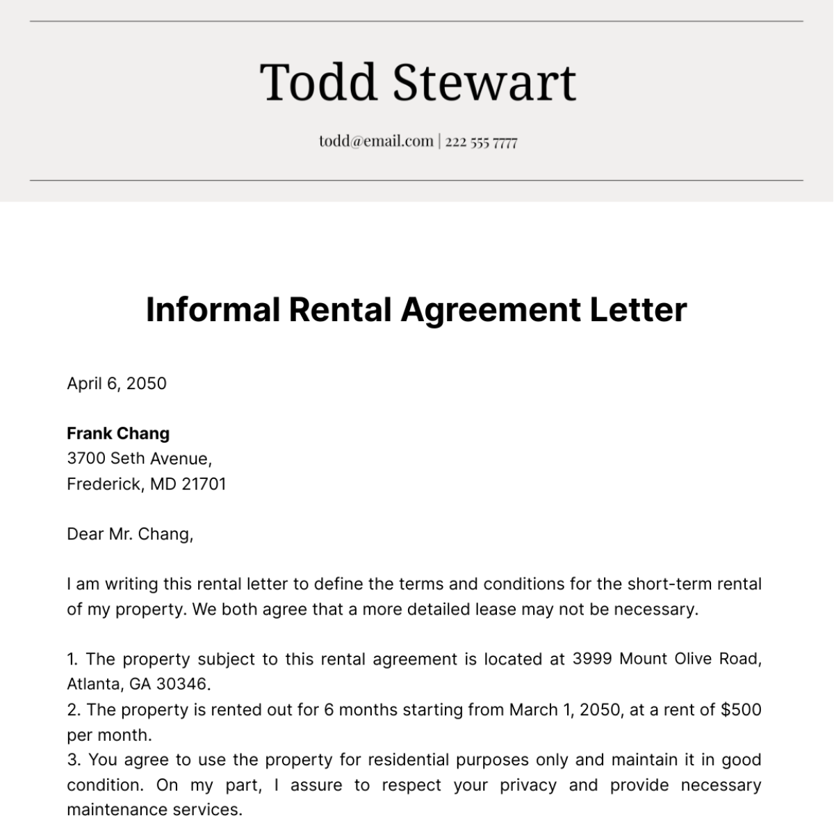 Free Informal Rental Agreement Letter  Template