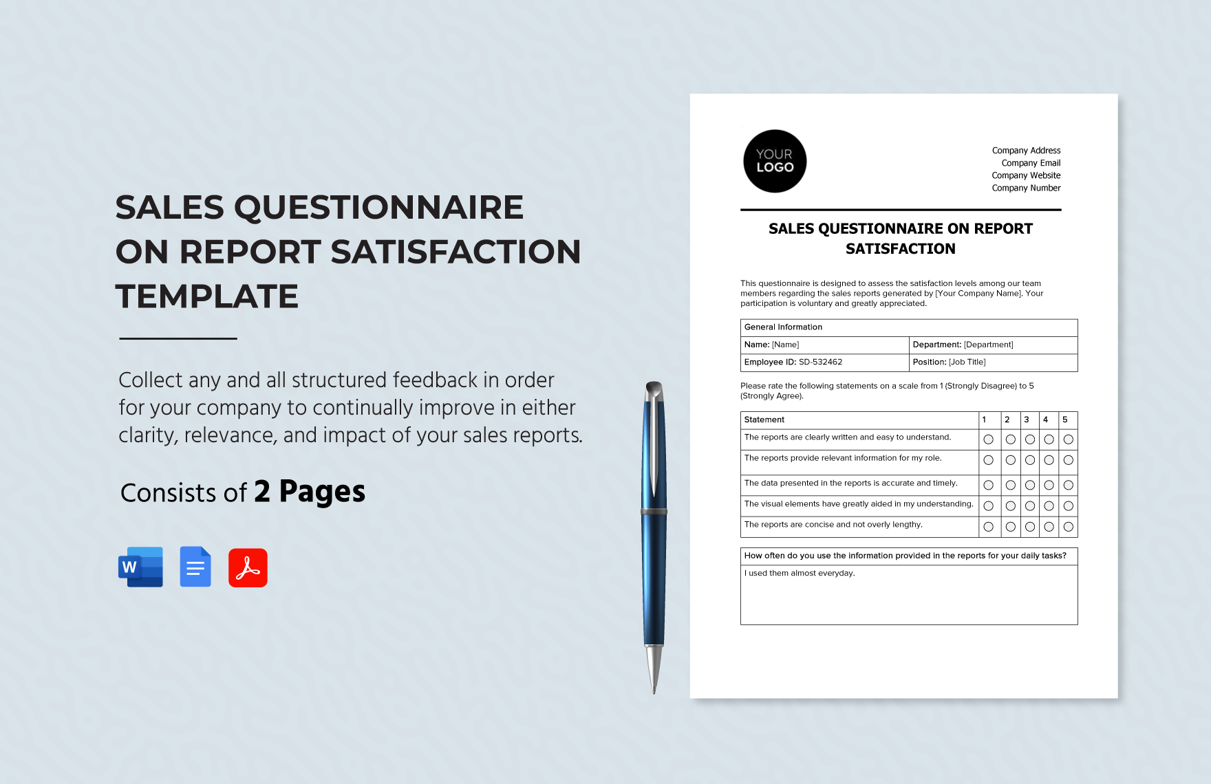 Sales Questionnaire on Report Satisfaction Template