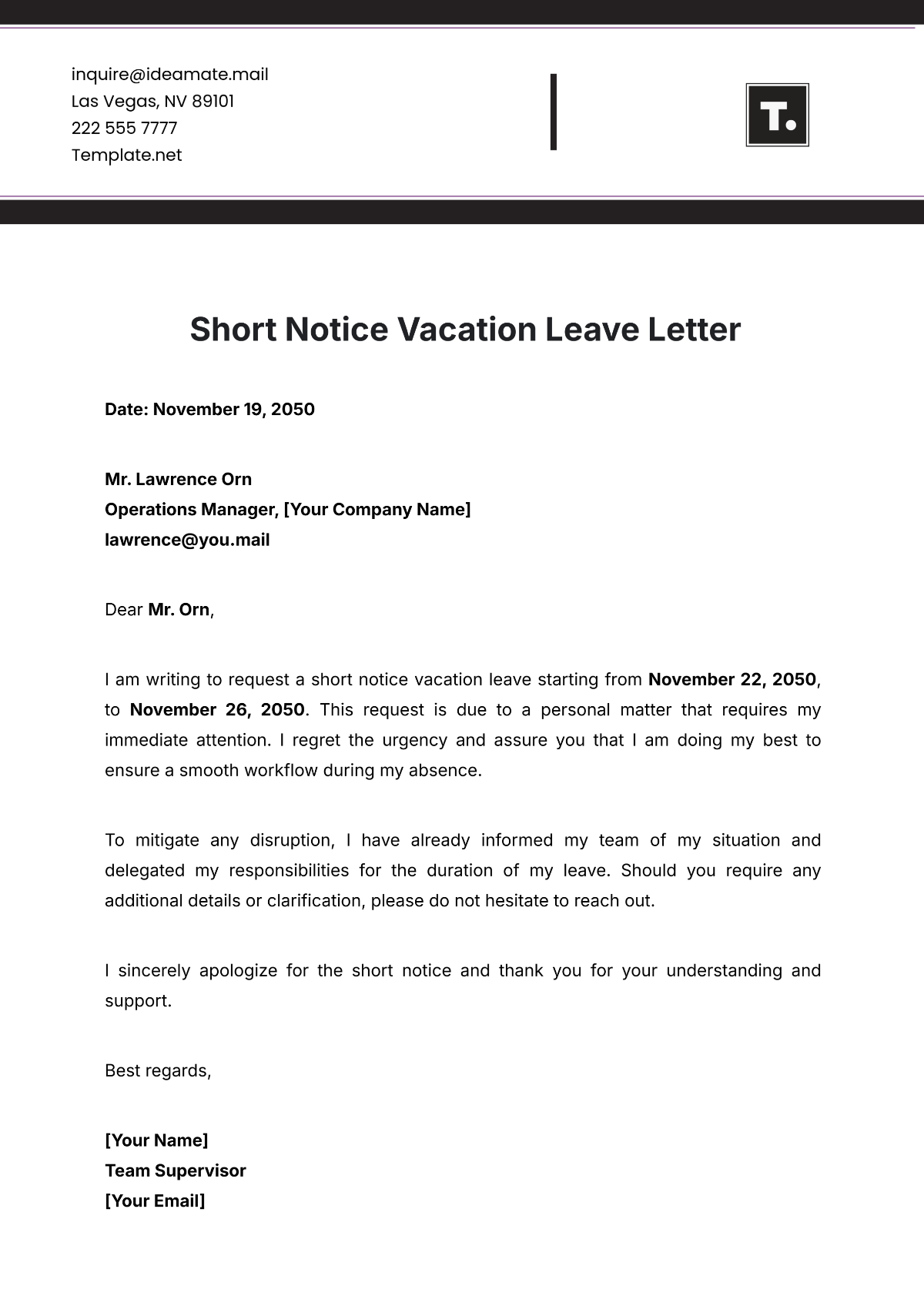 Short Notice Vacation Leave Letter Template - Edit Online & Download