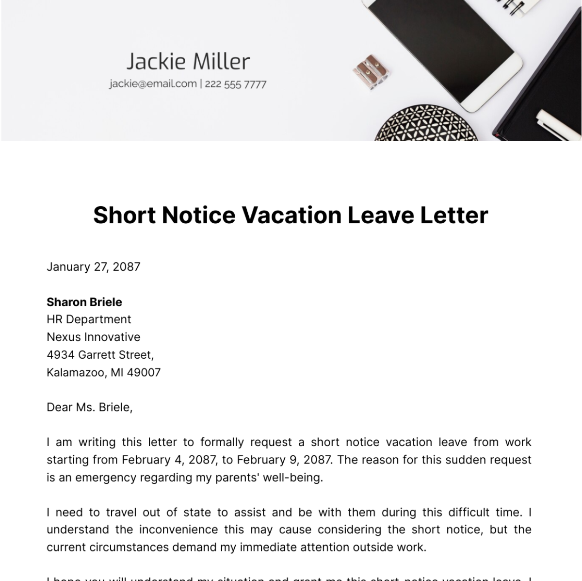 Short Notice Vacation Leave Letter Template