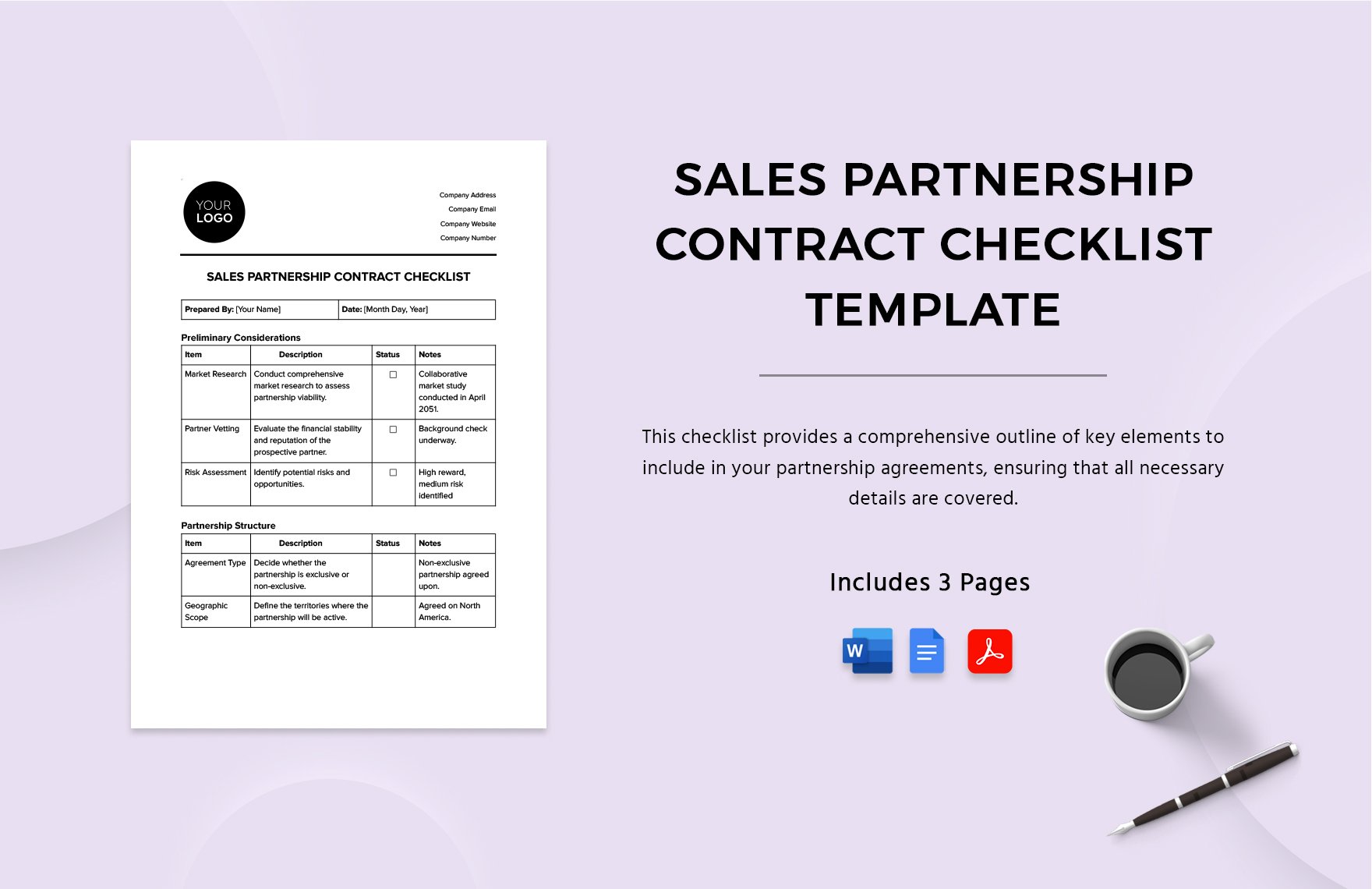 Sales Partnership Contract Checklist Template in Word, Google Docs, PDF