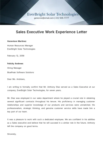 Free Sales Executive Work Experience Letter Template to Edit Online