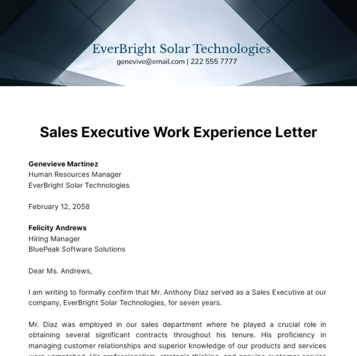 Free Sales Executive Work Experience Letter Template