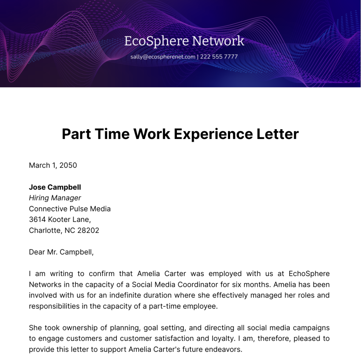 Part Time Work Experience Letter Template