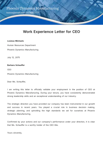 Free Work Experience Letter for CEO Template to Edit Online