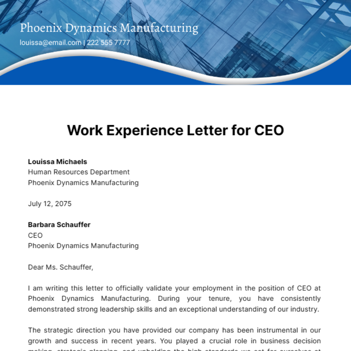 Free Work Experience Letter for CEO Template