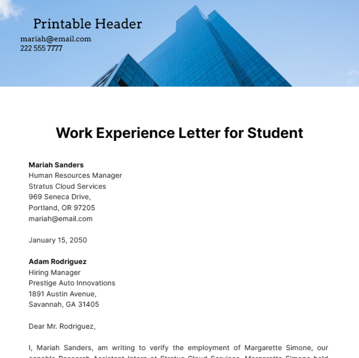 Work Experience Letter for Student Template