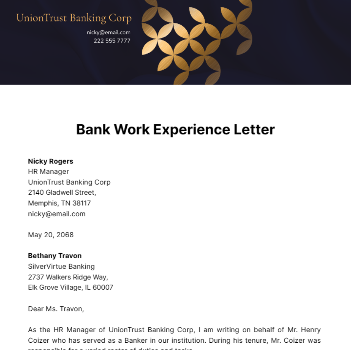 Bank Work Experience Letter Template