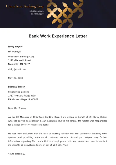 Free Bank Work Experience Letter Template to Edit Online