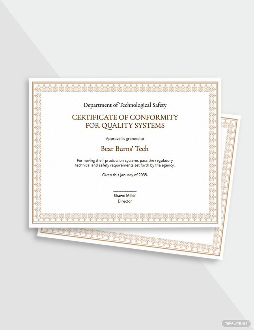 Quality System Conformance Certificate Template