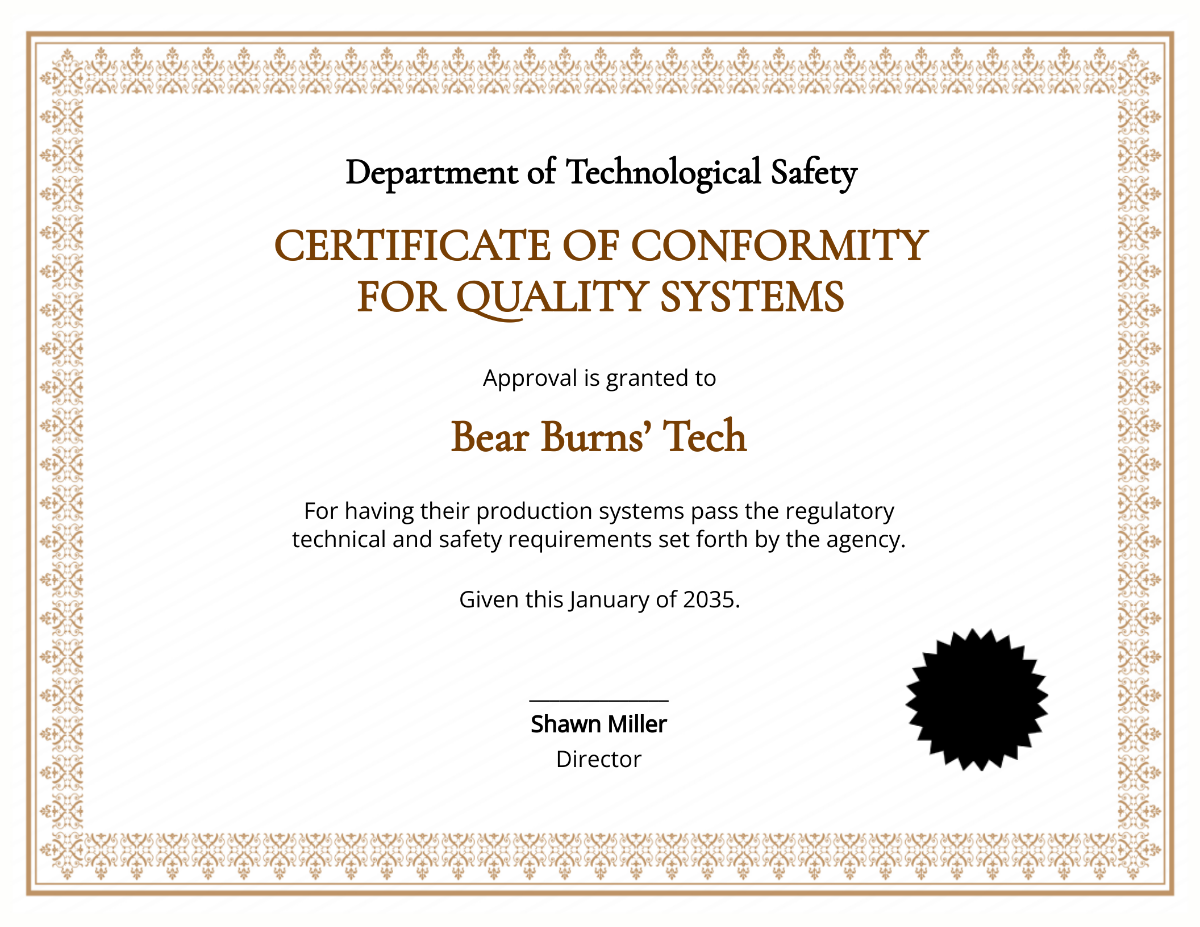 Quality System Conformance Certificate Template