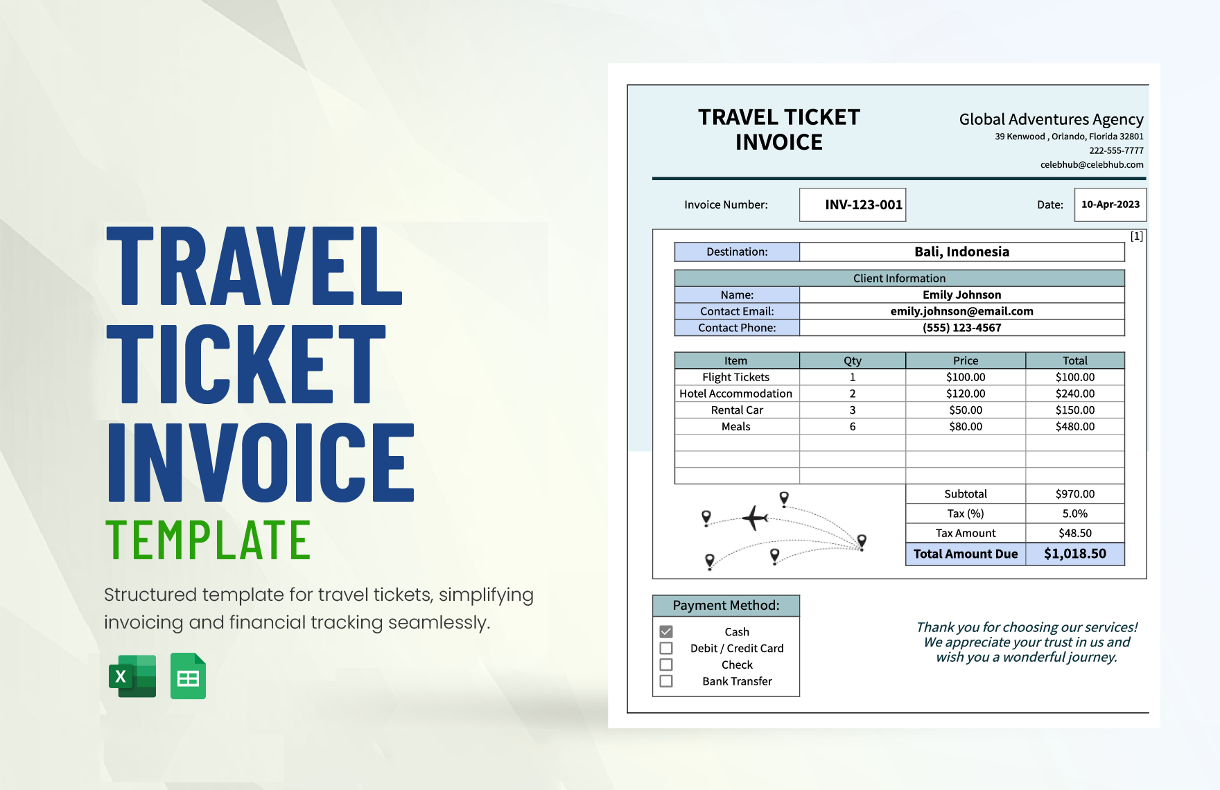 Travel Ticket Invoice Template in Excel, Google Sheets
