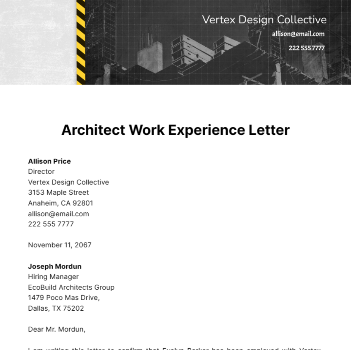 Architect Work Experience Letter Template