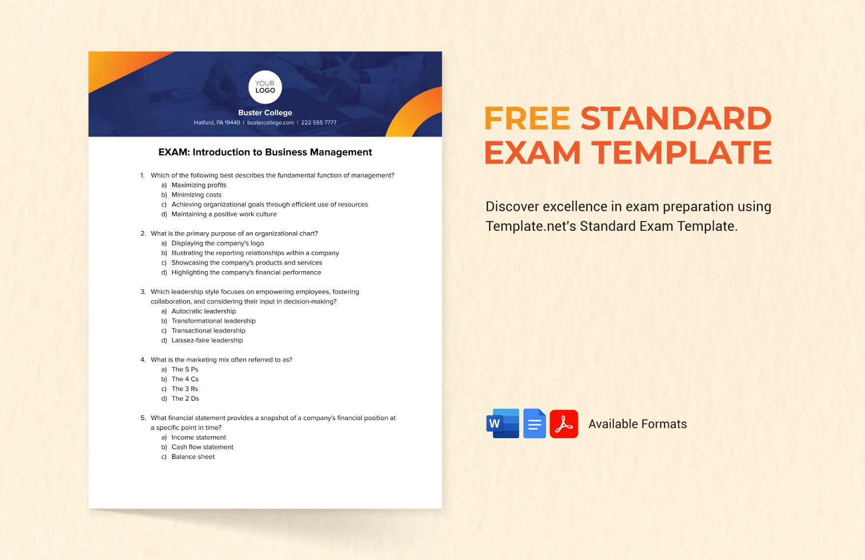 Free Standard Exam Template