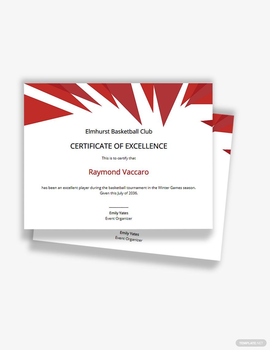 Excellence Certificate for Basketball Template