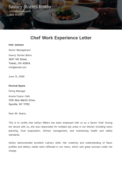 Free Chef Work Experience Letter Template to Edit Online