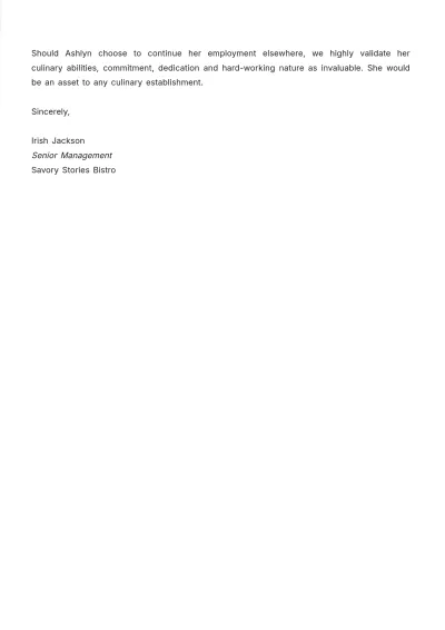 Free Chef Work Experience Letter Template to Edit Online