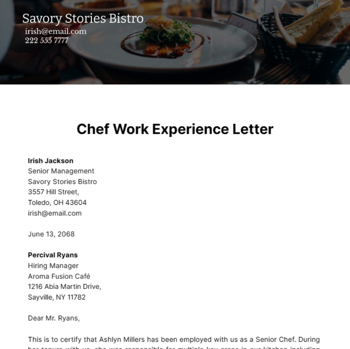 Free Chef Work Experience Letter Template