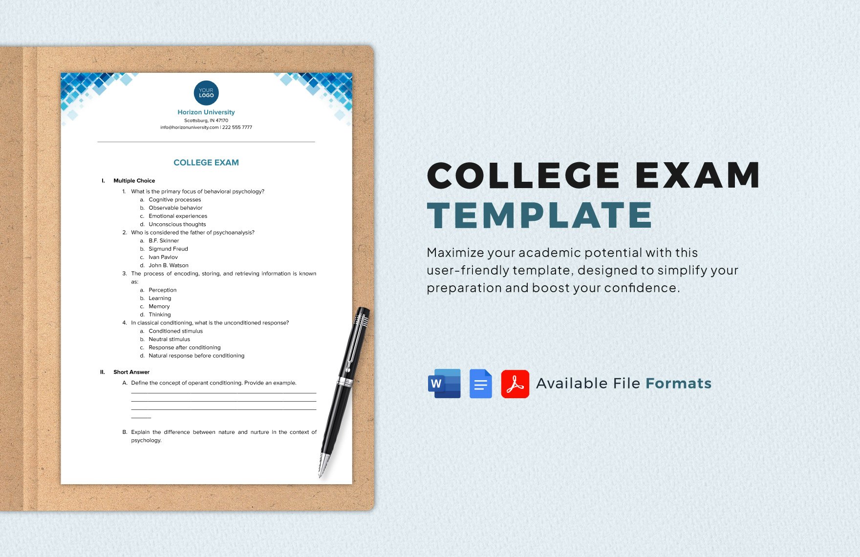 College Exam Template in Word, Google Docs, PDF